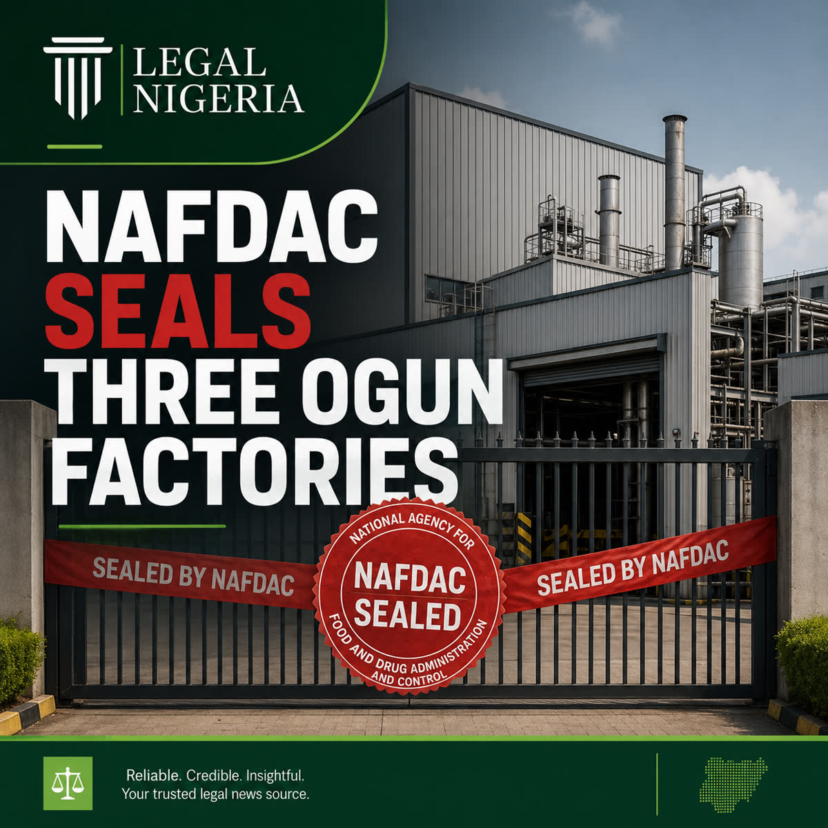 Legal Nigeria graphic showing a factory closed during NAFDAC regulatory enforcement in Ogun State