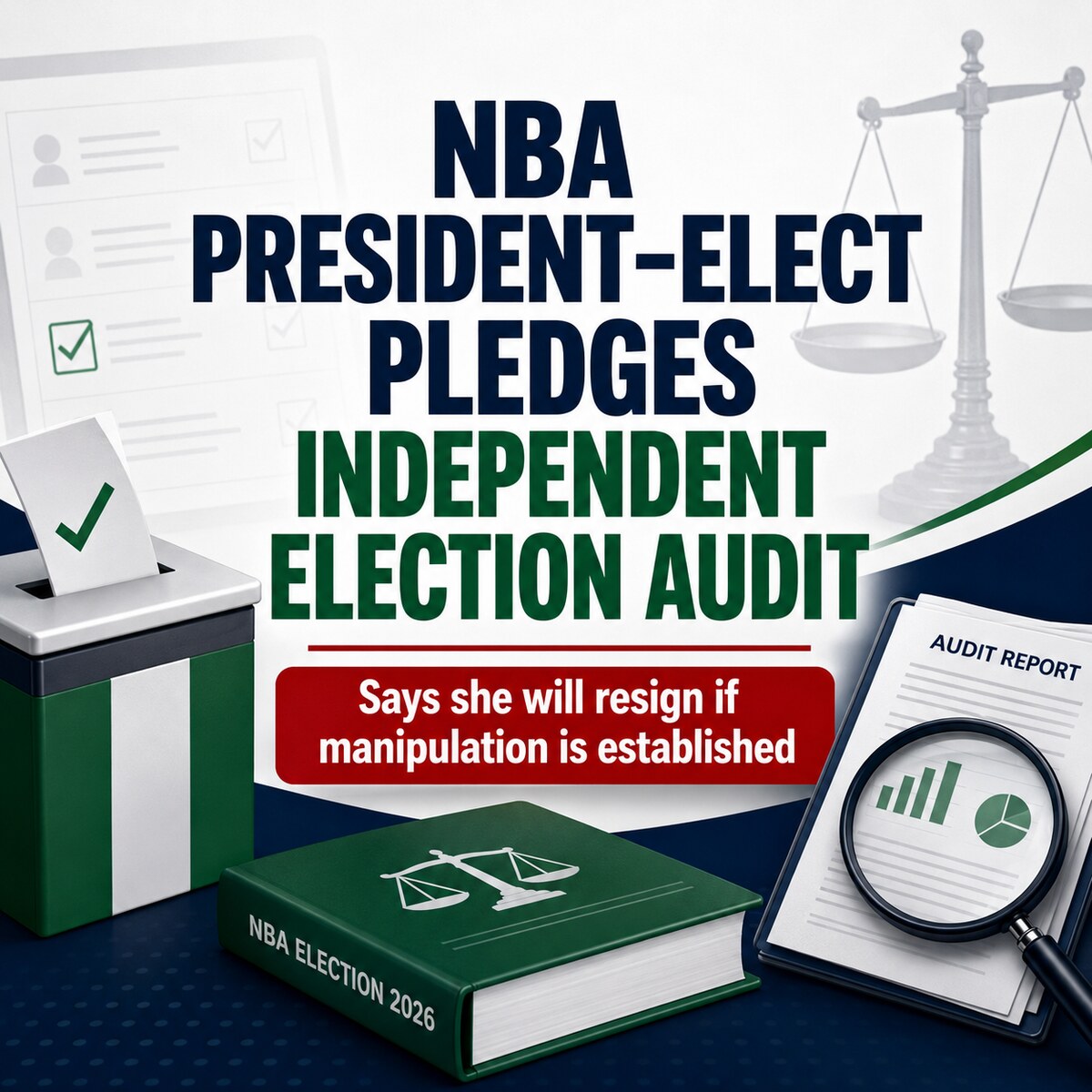 Graphic illustrating the NBA President-elect's pledge for an independent audit of the 2026 election