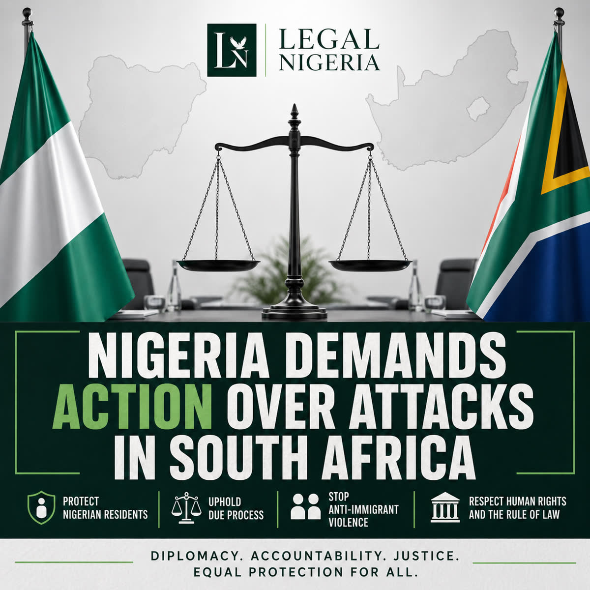 Legal Nigeria graphic representing Nigeria and South Africa, human rights, due process and diplomatic accountability