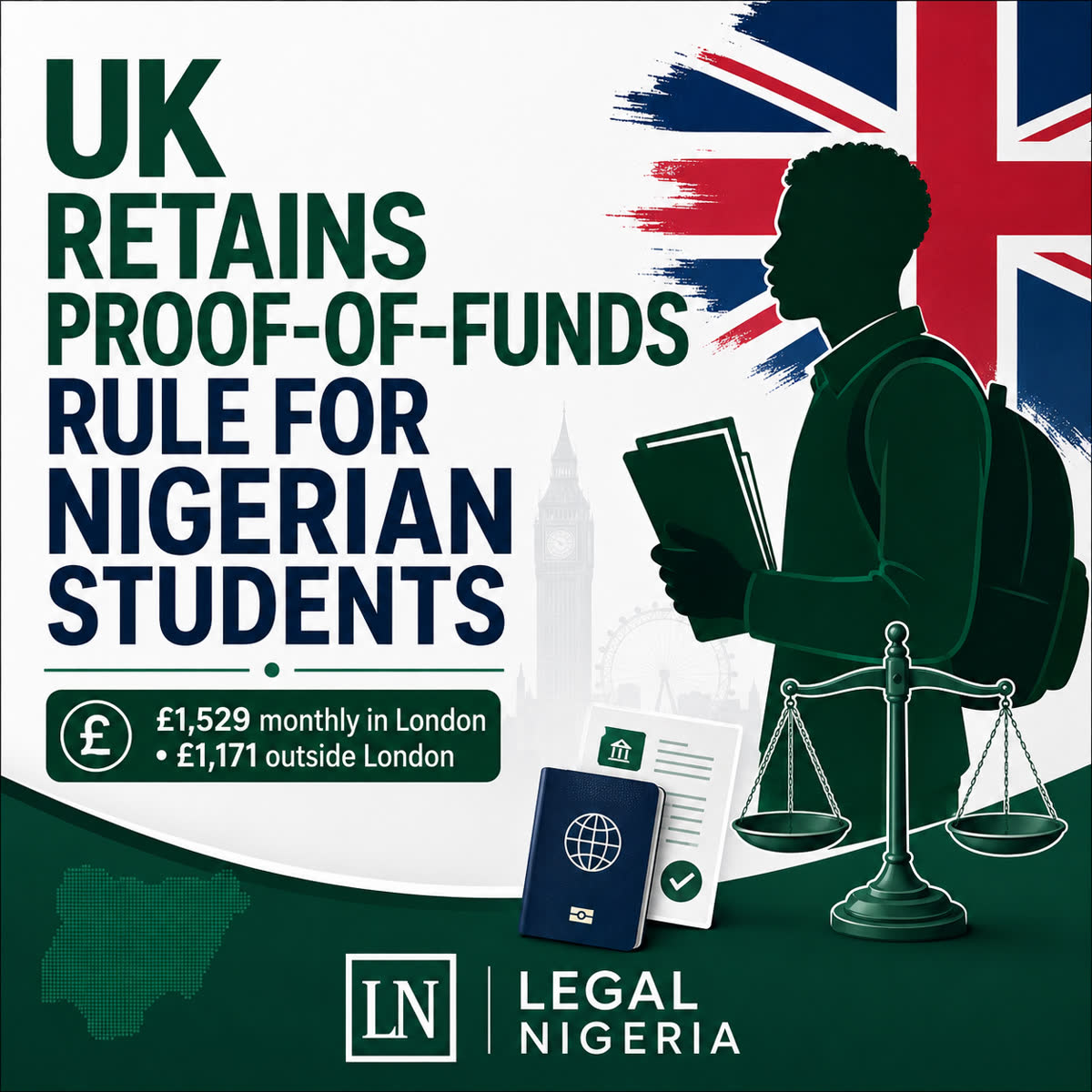 Legal Nigeria graphic explaining UK student visa proof-of-funds requirements for Nigerian applicants