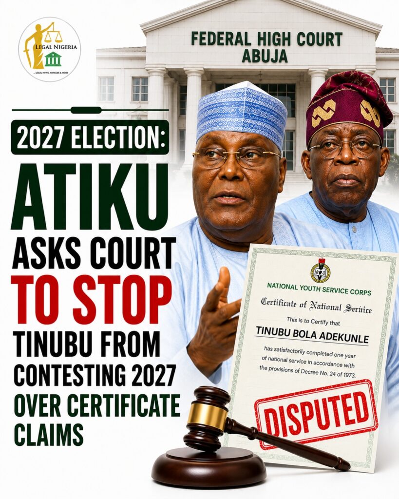 2027: Atiku Asks Court to Disqualify Tinubu Over Alleged NYSC Certificate Discrepancy 1 legal nigeria atiku tinubu certificate 4x5