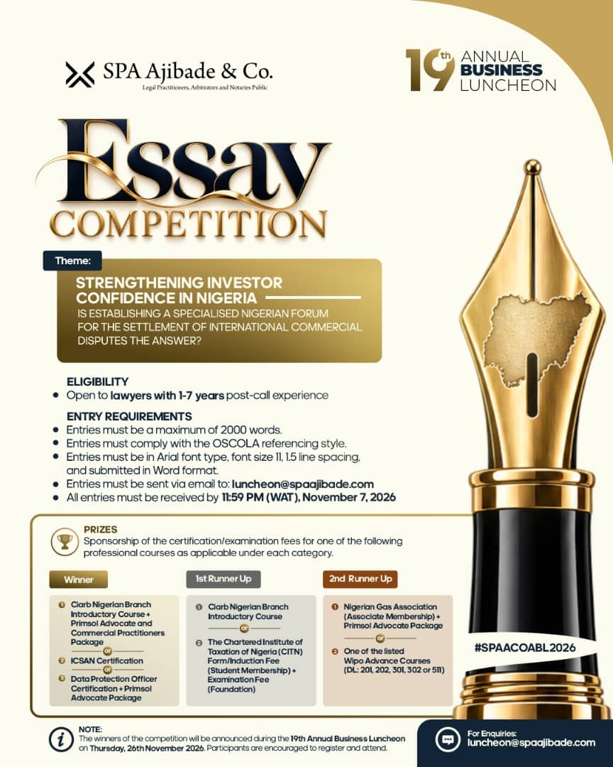 SPA Ajibade & Co. Announces Essay Competition for Young Lawyers Ahead of 19th Annual Business Luncheon